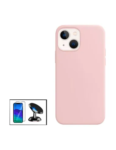 Kit Vidro Premium Full Cover + Capa Silicone Líquido + Suporte Magnético para iPhone 13 Mini - Rosa