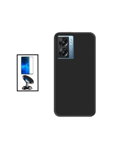 Kit Vidro Premium Full Cover + Capa Silicone Líquido + Suporte Magnético para Oppo A57 - Preto