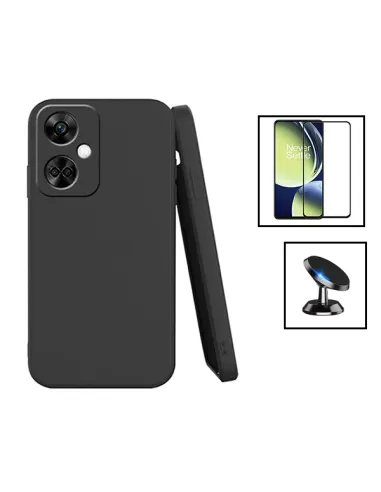 Kit Vidro Premium Full Cover + Capa Silicone Líquido + Suporte Magnético para OnePlus Nord CE3 - Preto