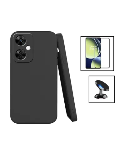 Kit Vidro Premium Full Cover + Capa Silicone Líquido + Suporte Magnético para OnePlus Nord N30 - Preto