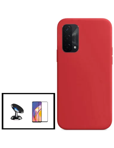 Kit Vidro Premium Full Cover + Capa Silicone Líquido + Suporte Magnético para Oppo A93 5G - Vermelho