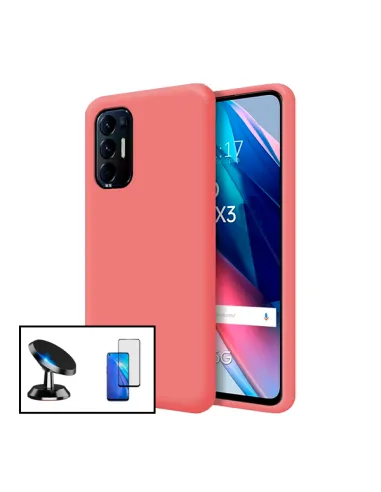 Kit Vidro Premium Full Cover + Capa Silicone Líquido + Suporte Magnético para Oppo Find X3 Neo - Rosa