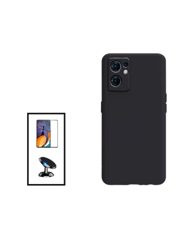 Kit Vidro Premium Full Cover + Capa Silicone Líquido + Suporte Magnético para Oppo Reno7 5G - Preto