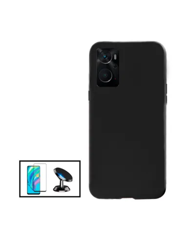 Kit Vidro Premium Full Cover + Capa Silicone Líquido + Suporte Magnético para Oppo Reno7 Z 5G - Preto