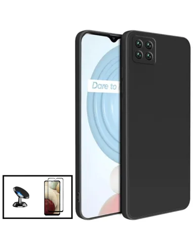 Kit Vidro Premium Full Cover + Capa Silicone Líquido + Suporte Magnético para Realme C11 2021 - Preto