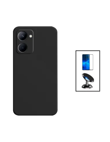 Kit Vidro Premium Full Cover + Capa Silicone Líquido + Suporte Magnético para Realme C33 - Preto