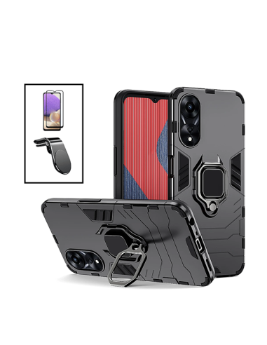 Kit Película de Vidro Temperado 5D Full Cover + Capa 3X1 Military Defender + Suporte Magnético L Safe Driving Carro para Oppo A5