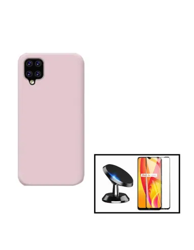 Kit Vidro Premium Full Cover + Capa Silicone Líquido + Suporte Magnético para Samsung Galaxy A12 - Rosa