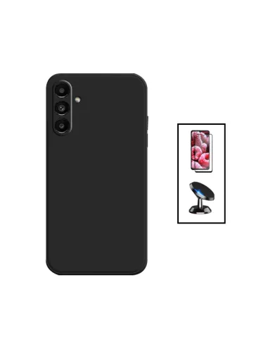 Kit Vidro Premium Full Cover + Capa Silicone Líquido + Suporte Magnético para Samsung Galaxy A14 - Preto