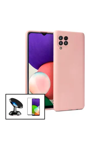 Kit Vidro Premium Full Cover + Capa Silicone Líquido + Suporte Magnético para Samsung Galaxy A22 - Rosa