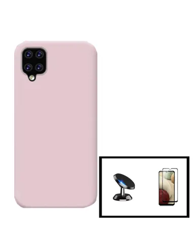 Kit Vidro Premium Full Cover + Capa Silicone Líquido + Suporte Magnético para Samsung Galaxy A22 5G - Rosa