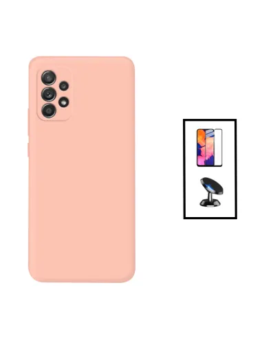 Kit Vidro Premium Full Cover + Capa Silicone Líquido + Suporte Magnético para Samsung Galaxy A23 5G - Rosa