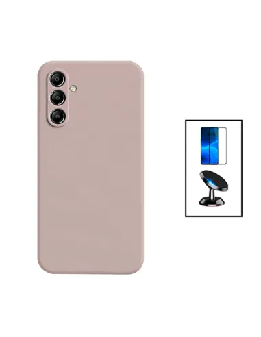 Kit Vidro Premium Full Cover + Capa Silicone Líquido + Suporte Magnético para Samsung Galaxy A24 4G - Rosa