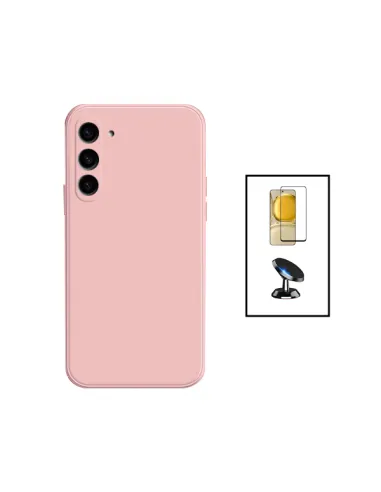 Kit Vidro Premium Full Cover + Capa Silicone Líquido + Suporte Magnético para Samsung Galaxy A34 5G - Rosa