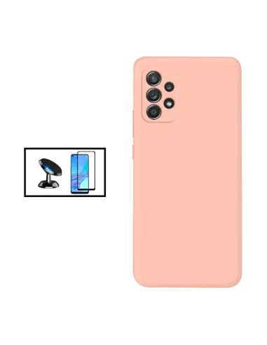 Kit Vidro Premium Full Cover + Capa Silicone Líquido + Suporte Magnético para Samsung Galaxy A53 5G - Rosa