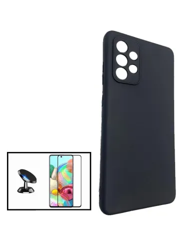 Kit Vidro Premium Full Cover + Capa Silicone Líquido + Suporte Magnético para Samsung Galaxy A72 - Preto