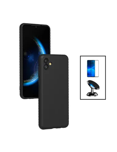 Kit Vidro Premium Full Cover + Capa Silicone Líquido + Suporte Magnético para Samsung Galaxy F04 - Preto