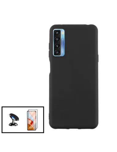 Kit Vidro Premium Full Cover + Capa Silicone Líquido + Suporte Magnético para TCL 20 5G - Preto