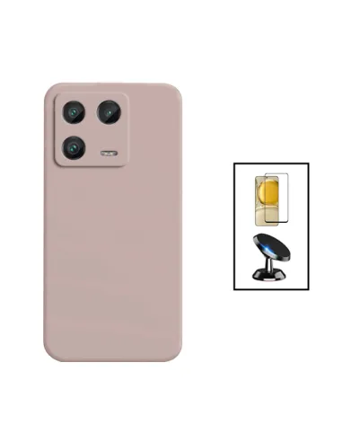 Kit Vidro Premium Full Cover + Capa Silicone Líquido + Suporte Magnético para Xiaomi 13 - Rosa