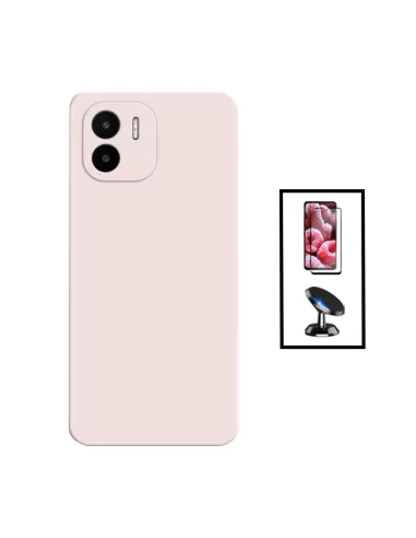 Kit Vidro Premium Full Cover + Capa Silicone Líquido + Suporte Magnético para Xiaomi Poco C50 - Rosa