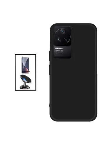 Kit Vidro Premium Full Cover + Capa Silicone Líquido + Suporte Magnético para Xiaomi Poco F4 5G - Preto