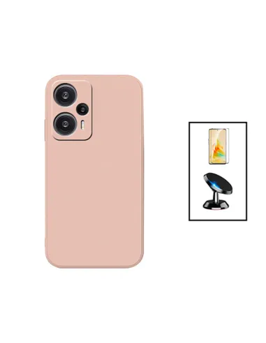 Kit Vidro Premium Full Cover + Capa Silicone Líquido + Suporte Magnético para Xiaomi Poco F5 - Rosa