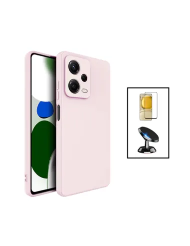 Kit Vidro Premium Full Cover + Capa Silicone Líquido + Suporte Magnético para Xiaomi Poco X5 - Rosa