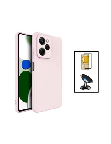 Kit Vidro Premium Full Cover + Capa Silicone Líquido + Suporte Magnético para Xiaomi Poco X5 Pro - Rosa