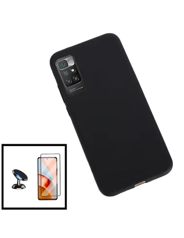 Kit Vidro Premium Full Cover + Capa Silicone Líquido + Suporte Magnético para Xiaomi Redmi 10 Prime 2022 - Preto