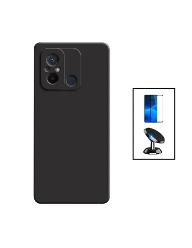 Kit Vidro Premium Full Cover + Capa Silicone Líquido + Suporte Magnético para Xiaomi Redmi 12C - Preto