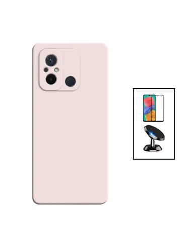 Kit Vidro Premium Full Cover + Capa Silicone Líquido + Suporte Magnético para Xiaomi Redmi 12C - Rosa