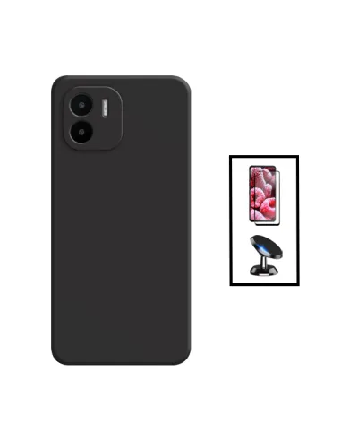 Kit Vidro Premium Full Cover + Capa Silicone Líquido + Suporte Magnético para Xiaomi Redmi A1 - Preto