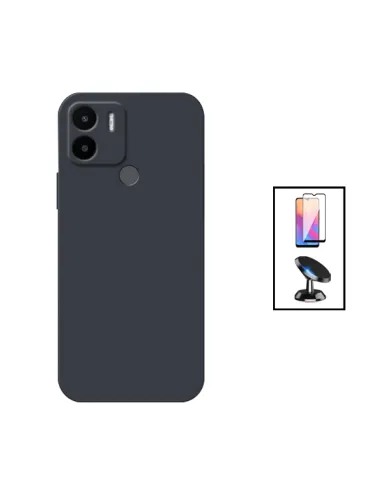 Kit Vidro Premium Full Cover + Capa Silicone Líquido + Suporte Magnético para Xiaomi Redmi A1+ - Preto