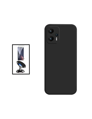 Kit Vidro Premium Full Cover + Capa Silicone Líquido + Suporte Magnético para Xiaomi Redmi K50i - Preto