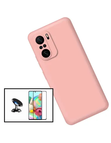 Kit Vidro Premium Full Cover + Capa Silicone Líquido + Suporte Magnético para Xiaomi Redmi Note 10 - Rosa