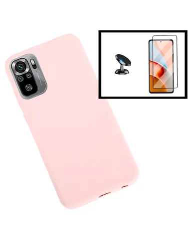 Kit Vidro Premium Full Cover + Capa Silicone Líquido + Suporte Magnético para Xiaomi Redmi Note 10 5G - Rosa