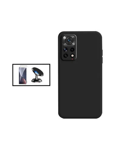 Kit Vidro Premium Full Cover + Capa Silicone Líquido + Suporte Magnético para Xiaomi Redmi Note 11S 5G - Preto