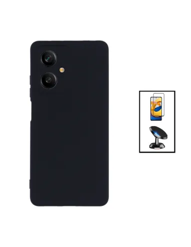 Kit Vidro Premium Full Cover + Capa Silicone Líquido + Suporte Magnético para Xiaomi Redmi Note 12 - Preto