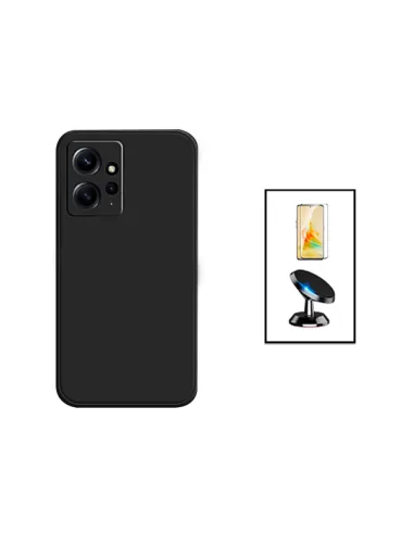 Kit Vidro Premium Full Cover + Capa Silicone Líquido + Suporte Magnético para Xiaomi Redmi Note 12 4G - Preto