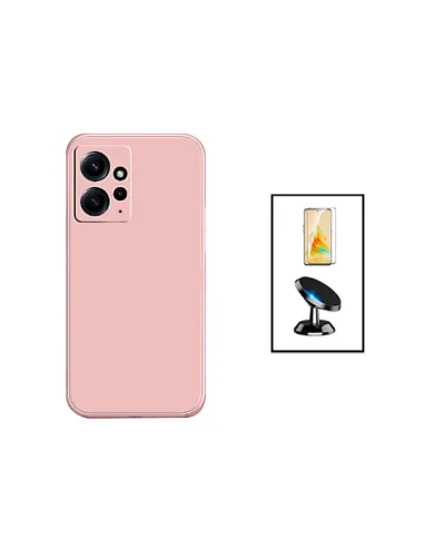 Kit Vidro Premium Full Cover + Capa Silicone Líquido + Suporte Magnético para Xiaomi Redmi Note 12 4G - Rosa