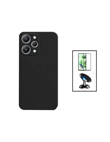 Kit Vidro Premium Full Cover + Capa Silicone Líquido + Suporte Magnético para Xiaomi Redmi Note 12R - Preto