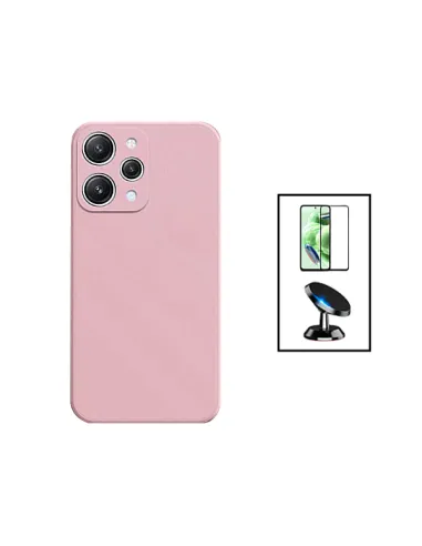 Kit Vidro Premium Full Cover + Capa Silicone Líquido + Suporte Magnético para Xiaomi Redmi Note 12R - Rosa