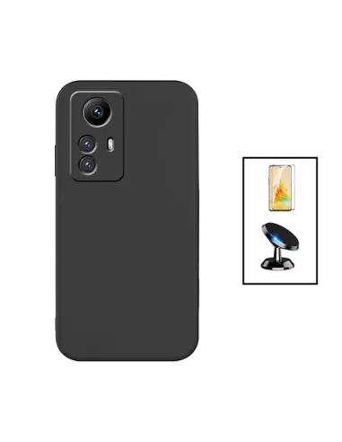 Kit Vidro Premium Full Cover + Capa Silicone Líquido + Suporte Magnético para Xiaomi Redmi Note 12S - Preto