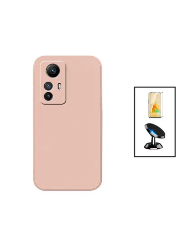 Kit Vidro Premium Full Cover + Capa Silicone Líquido + Suporte Magnético para Xiaomi Redmi Note 12S - Rosa