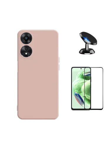 Kit Vidro Premium Full Cover + Capa Silicone Líquido + Suporte Magnético para Oppo A58 4G - Rosa