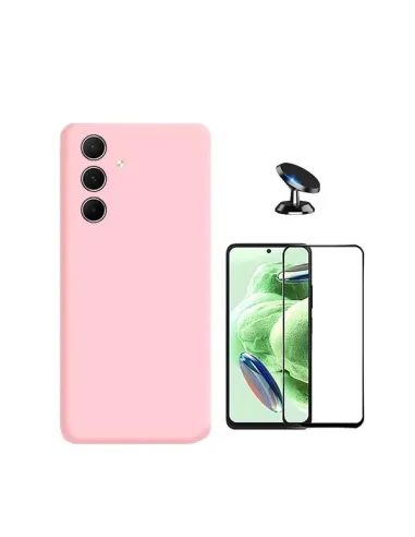 Kit Vidro Premium Full Cover + Capa Silicone Líquido + Suporte Magnético para Samsung Galaxy A35 5G - Rosa