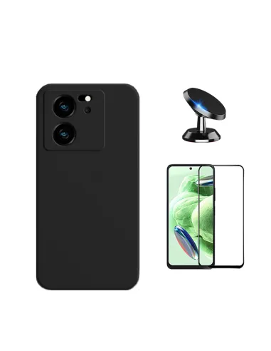 Kit Vidro Premium Full Cover + Capa Silicone Líquido + Suporte Magnético para Xiaomi 13T - Preto