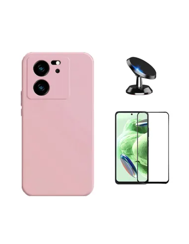 Kit Vidro Premium Full Cover + Capa Silicone Líquido + Suporte Magnético para Xiaomi 13T - Rosa