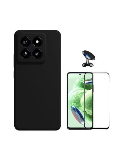 Kit Vidro Premium Full Cover + Capa Silicone Líquido + Suporte Magnético para Xiaomi 14 - Preto