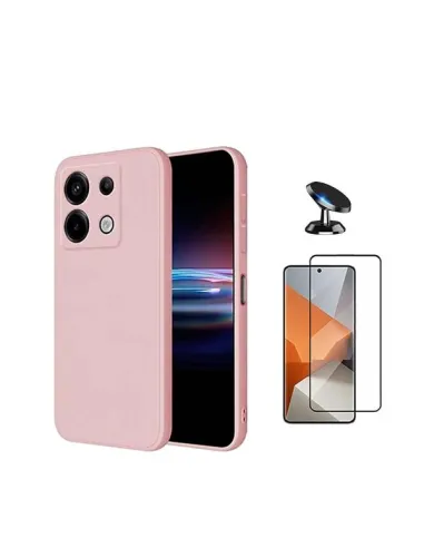 Kit Vidro Premium Full Cover + Capa Silicone Líquido + Suporte Magnético para Xiaomi Poco X6 5G - Rosa